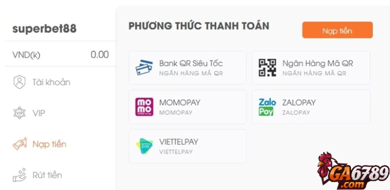 Giao diện trang nạp tiền ga6789