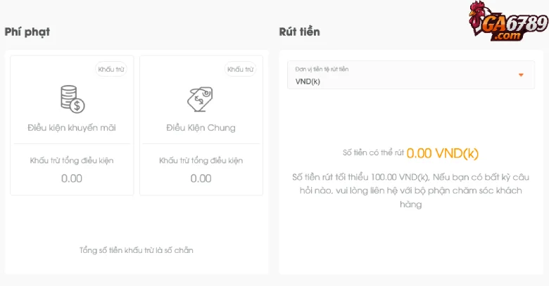 Tiến hành rút tiền từ tài khoản Ga6789 về tài khoản ngân hàng người chơi